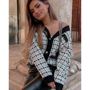 Zara Knit Graph Check Tweed Cardigan